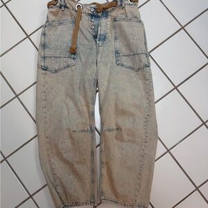 Free People Moxie Low Slung Pull On Barrel Jeans Slouchy In Cowboy Size 28